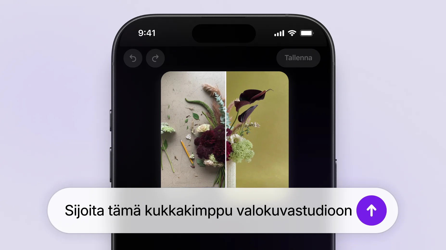 Animaatio puhelimesta, jonka näytöllä on kuva työpöydällä olevasta keskeneräisestä kukkakimpusta työkalujen ja leikkuutähteiden keskellä. Käyttäjä kirjoittaa Sidekickille pyynnön: ”Sijoita tämä kimppu valokuvastudioon.” Sidekick luo kuvan, jossa siistitty kimppu on maljakossa tyylikästä oliivinvihreää taustaa vasten.