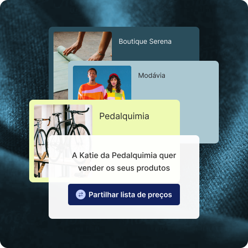 Interface que mostra convites para vender através de revendedores. São exibidos cartões da Zen Sana Boutique, Modavia Apparel e Threadscape, com uma mensagem de Katie, da Threadscape, a dizer que quer vender os seus produtos e um botão 'Aceitar convite'.