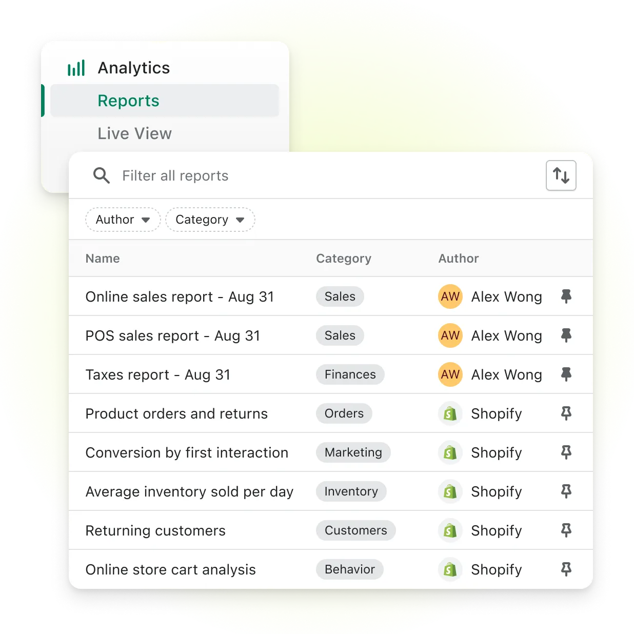 A screen showcases reports of a business, including custom reports created by the store owner.