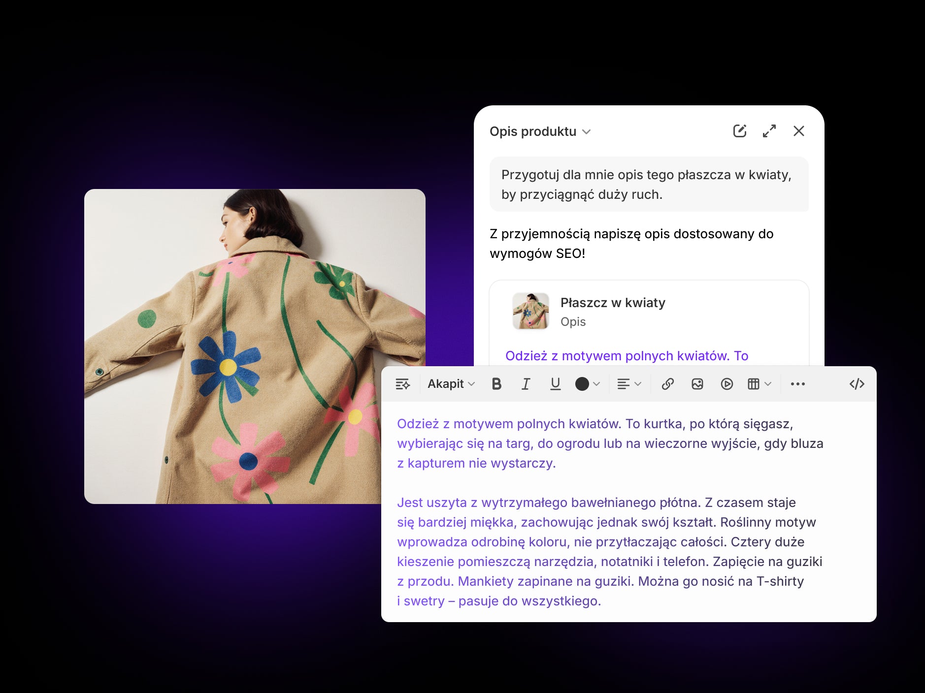 Persona autora treści Sidekick tworząca opis produktu dla kwiatowego produktu Market Coat na podstawie prośby użytkownika