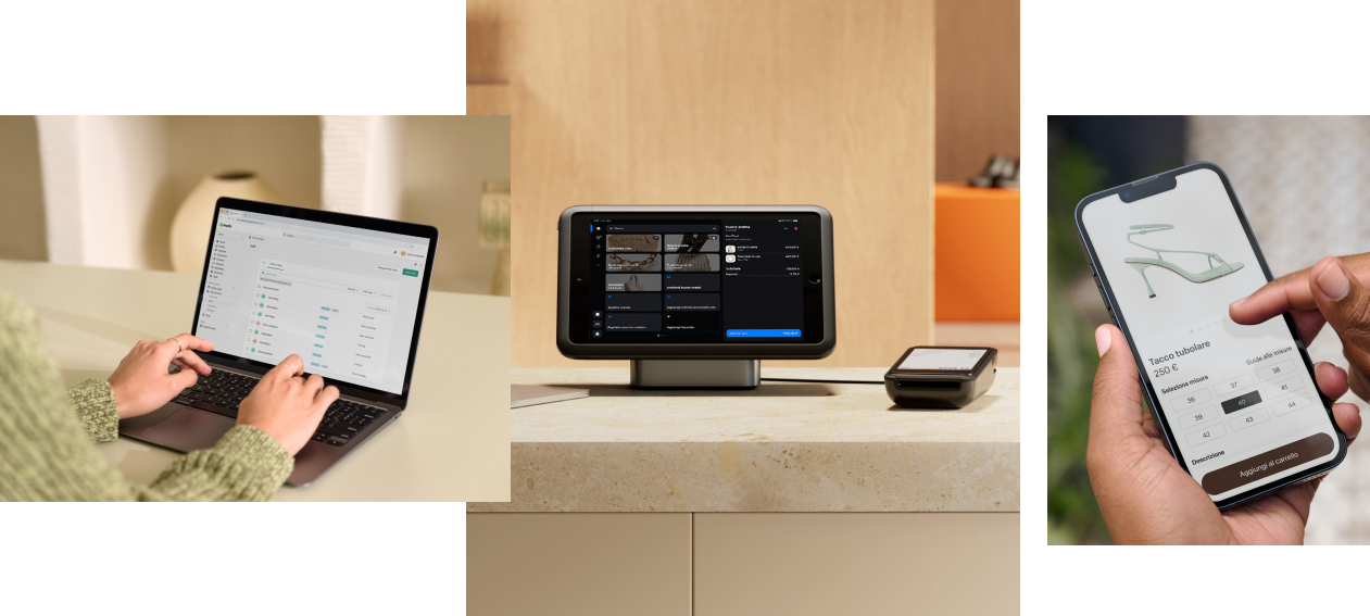 Collage di immagini. Prima immagine: primo piano di una commessa che usa un laptop visualizzato dalla sua prospettiva. La schermata del laptop mostra il pannello di controllo Shopify con la pagina di gestione dello staff. Seconda immagine: un tablet con il software Shopify POS montato su un supporto fissato a un bancone. Accanto ad esso è visibile l’hardware per Shopify POS. Terza immagine: primo piano di un acquirente con uno smartphone in mano che esplora il sito web di un’attività di vendita al dettaglio. La schermata mostra la pagina dei dettagli di un sandalo con tacco alto. Nella parte inferiore della pagina è presente un pulsante ben visibile con il testo seguente: “Aggiungi al carrello”.