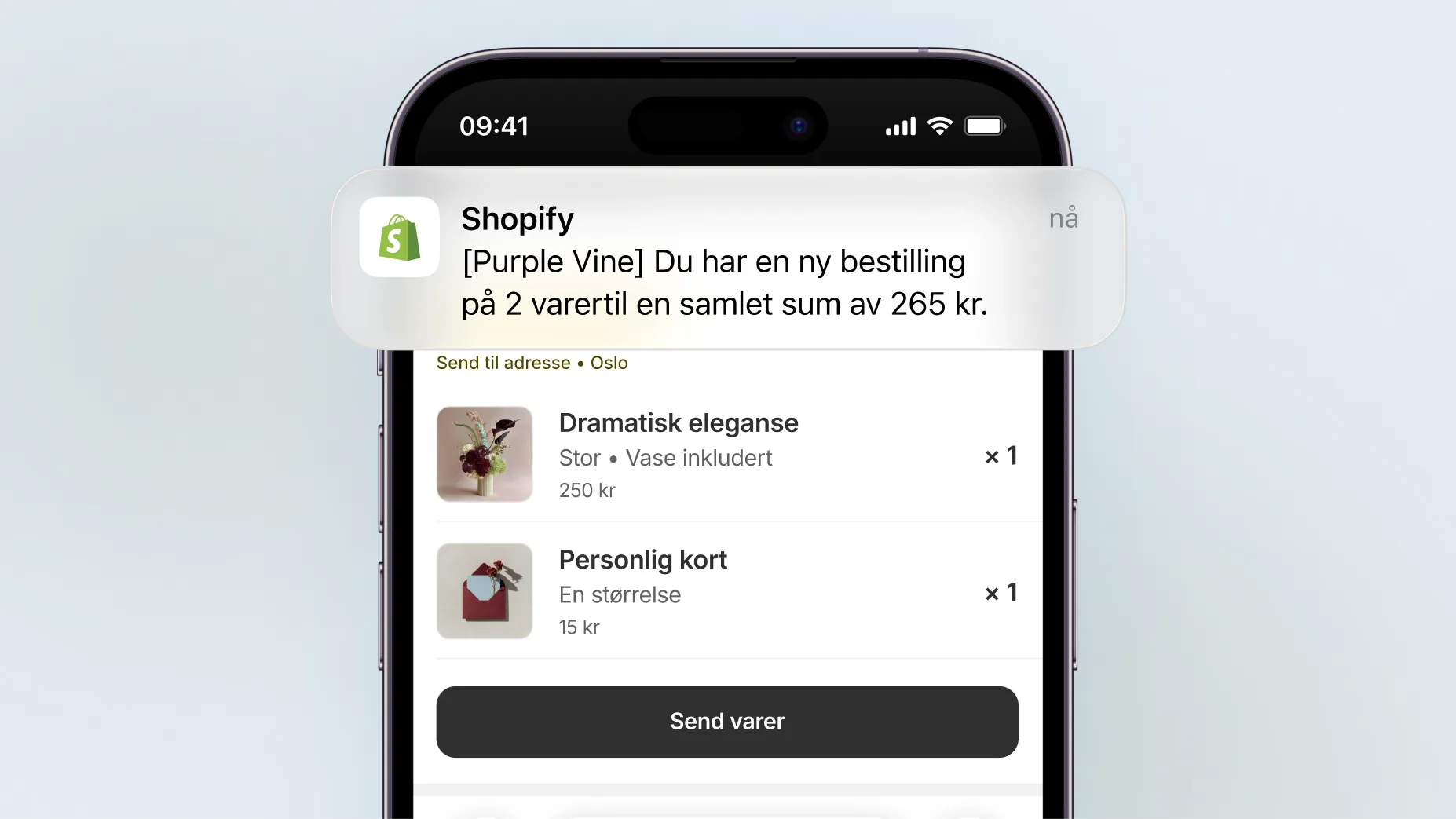 Animasjon på en mobil av et push-varsel om salg hos Shopify av 2 varer for totalt 265 USD. Noen klikker på varselet og åpner bestillingssiden på Shopifys mobilapp. Informasjonen om bestillingen er synlig, før noen klikker på Sluttfør bestilling.