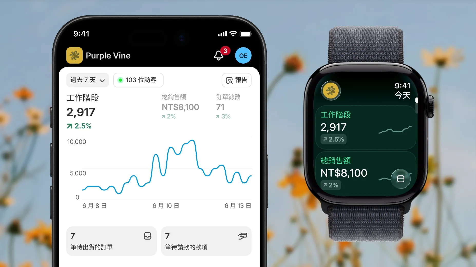 顯示 Shopify 分析畫面的手機靜態圖片,畫面上包含工作階段、銷售與訂單等數據。手機旁有一支 Apple Watch,顯示工作階段與總銷售額等快速統計數據。