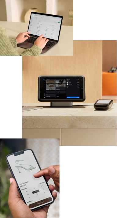 Image collage. First image: Close up on a sales associate using a laptop viewed from the perspective of the associate. On the laptop screen is the Shopify admin where the associate is viewing the staff management page. Second image: A tablet running Shopify POS software mounted on a tablet stand sitting on a sales counter. Next to it is Shopify POS hardware. Third image: Close up on a shopper holding a smartphone browsing a retailer's website. On the screen is a product details page for a high heel sandal. At the bottom of the page is a prominent button with the following text: "Add to cart."