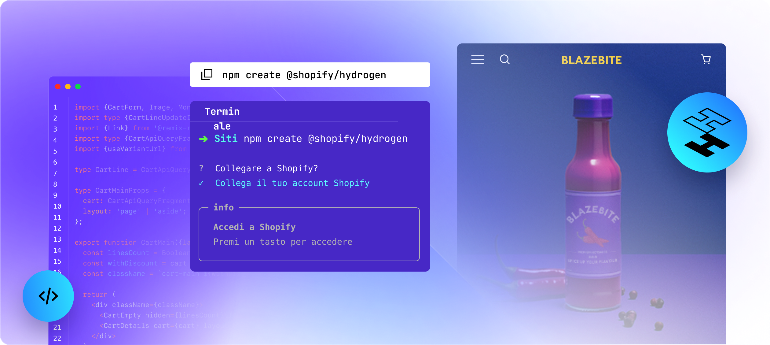 Tre schermate: un esempio di codice Hydrogen, l'interfaccia di una riga di comando e un sito web basato su Hydrogen