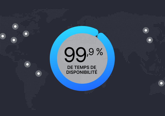 Carte du monde avec une statistique indiquant un temps de disponibilité de 99,9 %