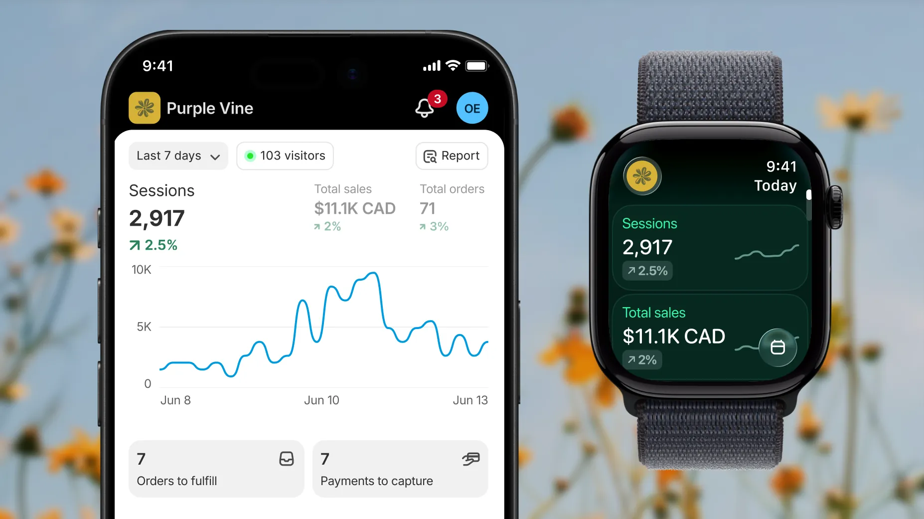 Still image of a phone showing the Shopify analytics screen featuring data like sessions, sales, and orders. Next to the phone is an Apple Watch showing quick stats like sessions and total sales.