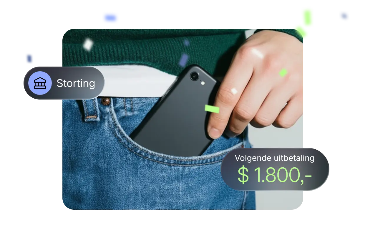 Een hand stopt een smartphone in de zak van een spijkerbroek. Zwevende badges tonen 'Directe storting' en een volgende uitbetaling van $ 1.800 USD, wat wijst op betrouwbare, stipte betalingen.
