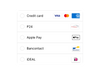 Several payment methods are reordered in a checkout. Each method is named with an icon and radio button. 
