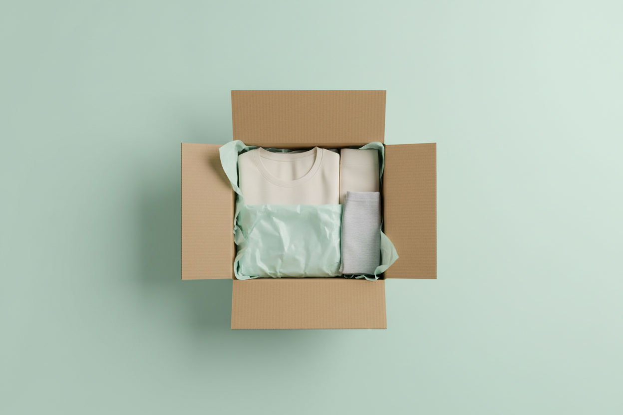 An open cardboard box neatly packed with folded clothing on a soft green background, ready to ship to a buyer.
