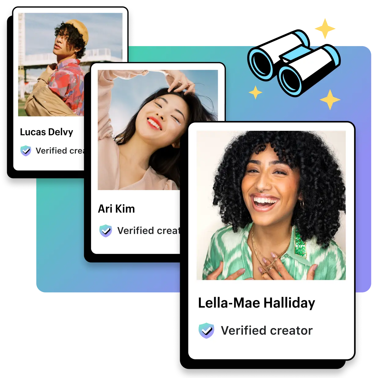 A collection of cards showing a variety of influencers with verified creator badges.