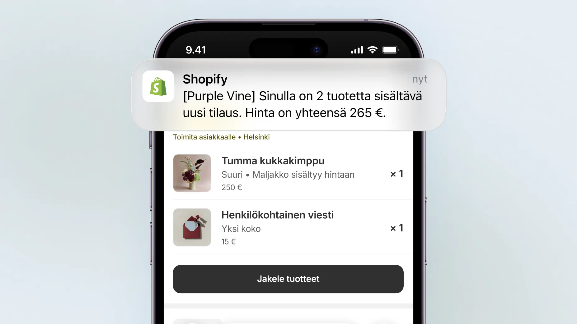 Animaatio, jossa puhelimeen ilmestyy push-ilmoitus kahden tuotteen Shopify-myyntitapahtumasta, jonka arvo on 265 $. Ilmoituksen napauttaminen avaa Shopifyn mobiilisovelluksen tilaussivun, jossa näkyvät tilauksen tiedot. Sen jälkeen napautetaan ”Täytä tilaus” -painiketta.