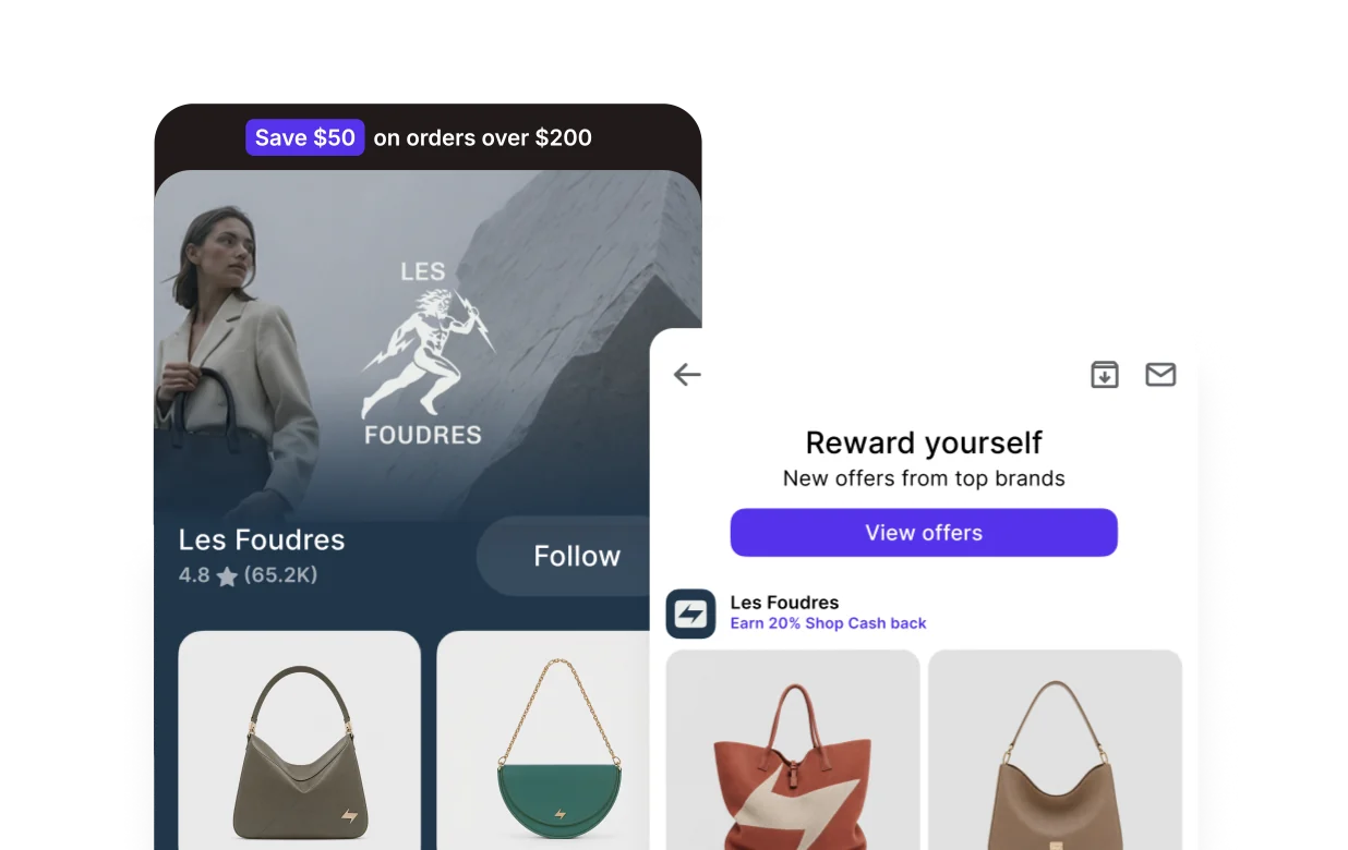 A fictional handbag brand's Shop store displaying a promotional discount, overlapped with a Shop app screen promoting offers from top brands.