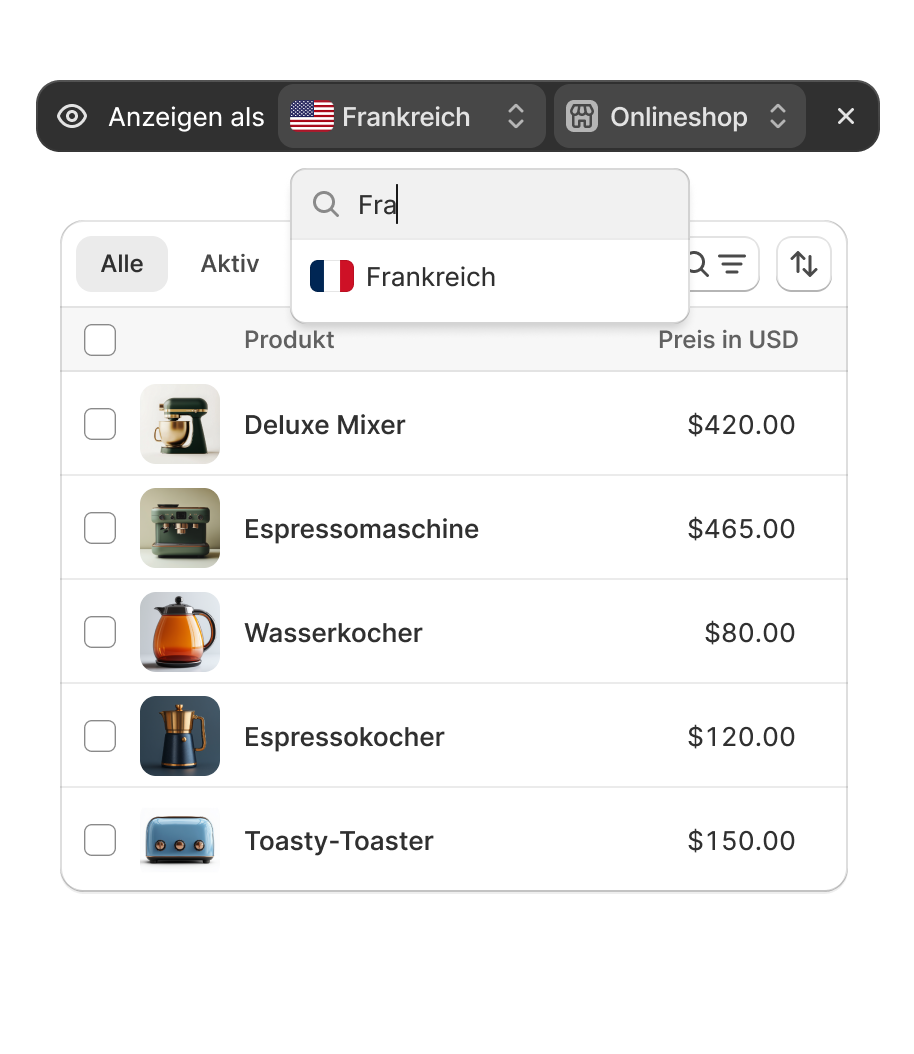 Animation von einem Filter, mit dem sich die Details der Anpassungen für einen spezifischen Markt anzeigen lassen