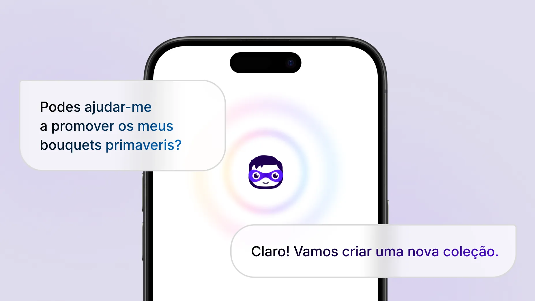 Animação que mostra o seguinte texto entre aspas: “Pode ajudar-me a promover as minhas flores de primavera?”. No telemóvel, o assistente de IA da Shopify, o Sidekick, responde e sugere a criação de uma nova coleção. O texto da resposta está rodeado por ondas sonoras pulsantes, o que indica que a resposta do Sidekick é audível. O Sidekick cria então uma coleção de produtos chamada Flores de primavera com três ramos em destaque.