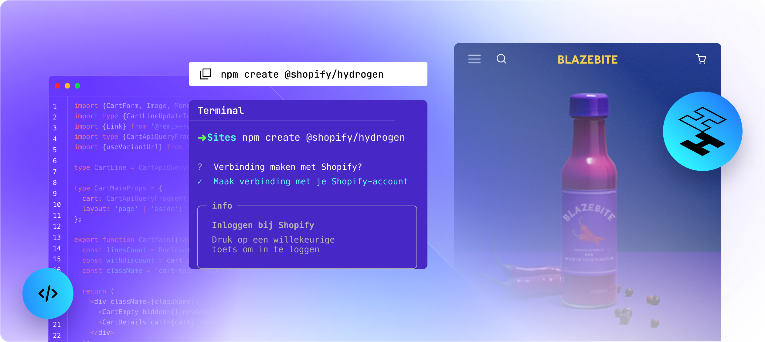 3 schermen: een voorbeeld van Hydrogen-code, een command-line interface en een website die is gebouwd op Hydrogen