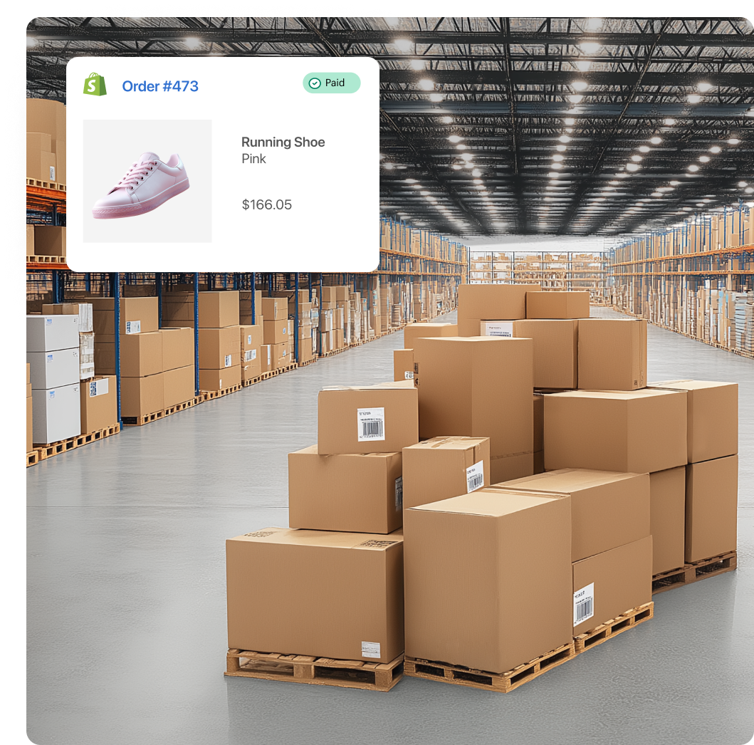 An image of a warehouse full of boxes. On top of the image is a dialog box showing pink running shoes, order #473 that costs $166.05.