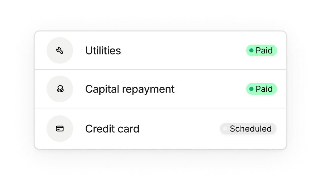Shopify Finance transactions showing utilities and Capital repayment marked as paid, and a credit card payment scheduled.
