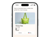 A smartphone shows an AI chat assistant recommending a lime-green Viviane Tote handbag with product details, price, and a Buy button to check out inside the conversation