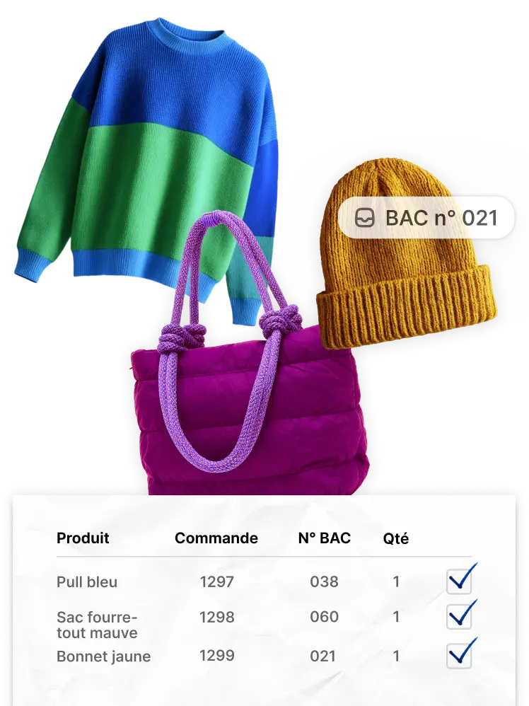 Un assortiment de vêtements colorés : un pull bleu et vert, un bonnet jaune et un cabas magenta