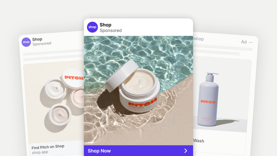 Three Shop ads on different channels overlap. They feature an imaginary brand selling various skincare products in bottles and circular containers.