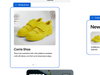 A rotating display shows different content blocks in the Shop Editor, all content features yellow sneakers and a product description
