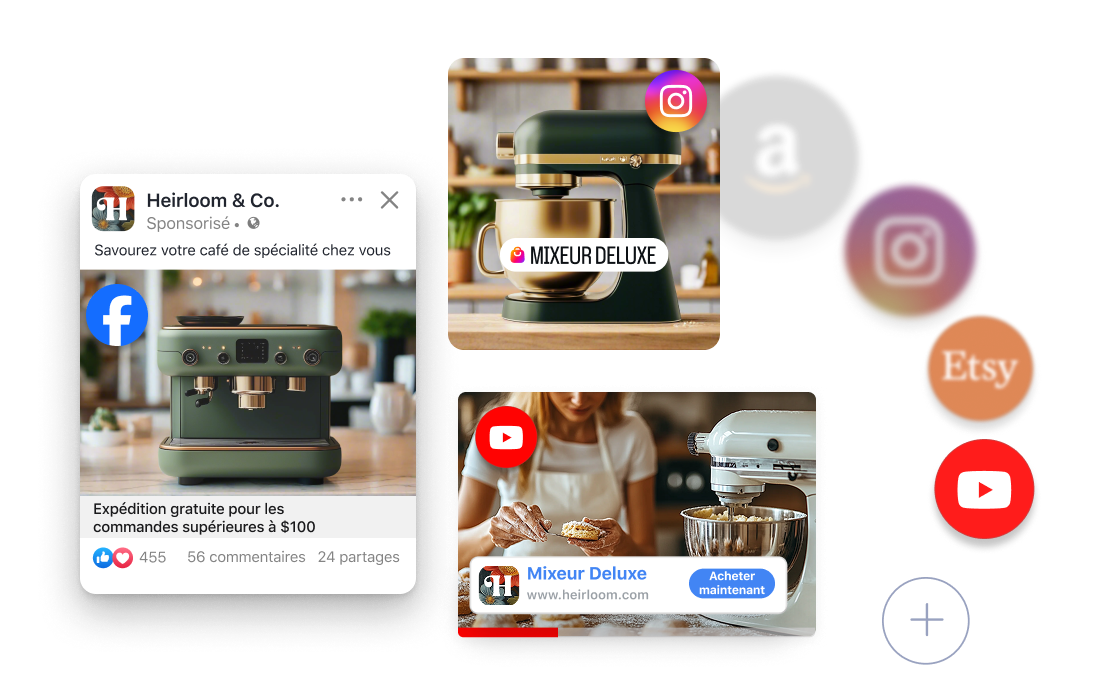 Interface interactive montrant l’ajout de divers canaux de vente comme YouTube, Instagram, Etsy