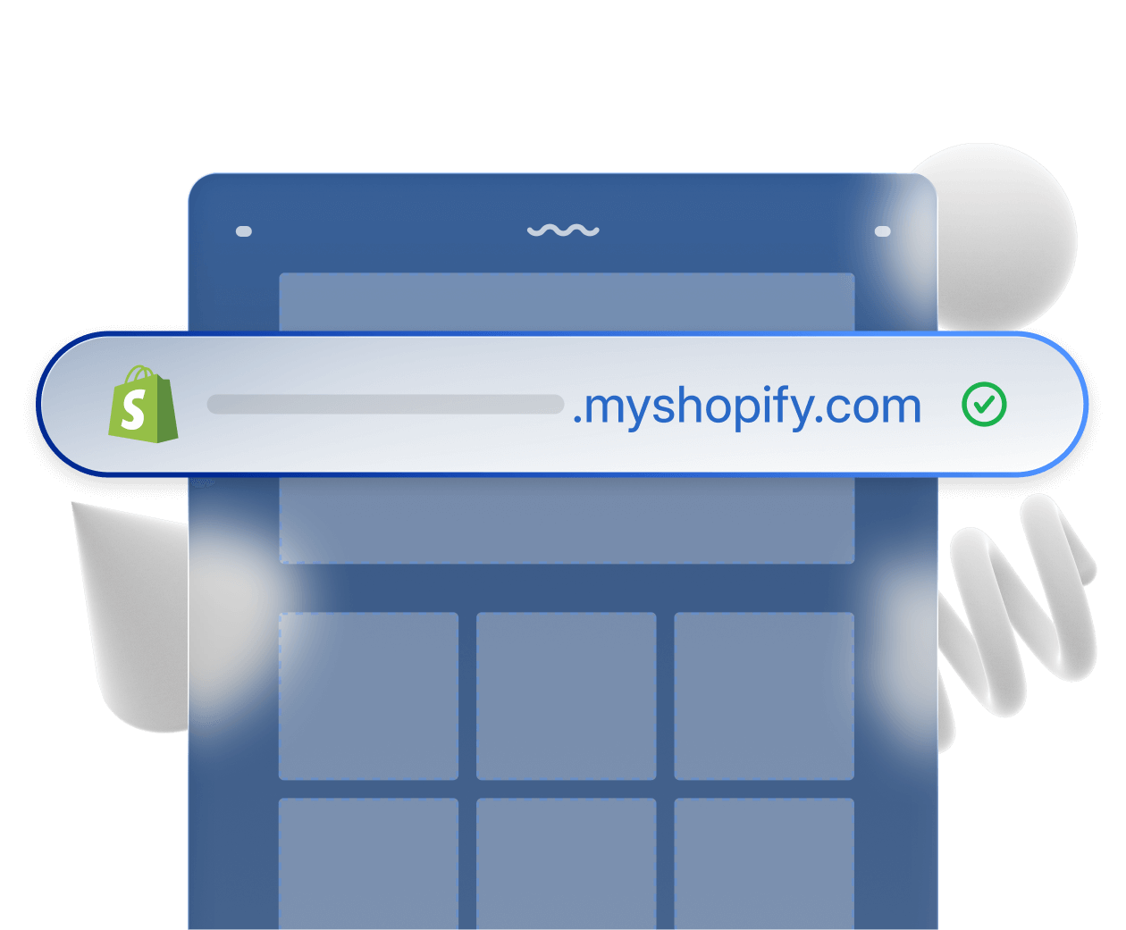 A blank, abstracted online store layout with a .myshopify.com subdomain on top.