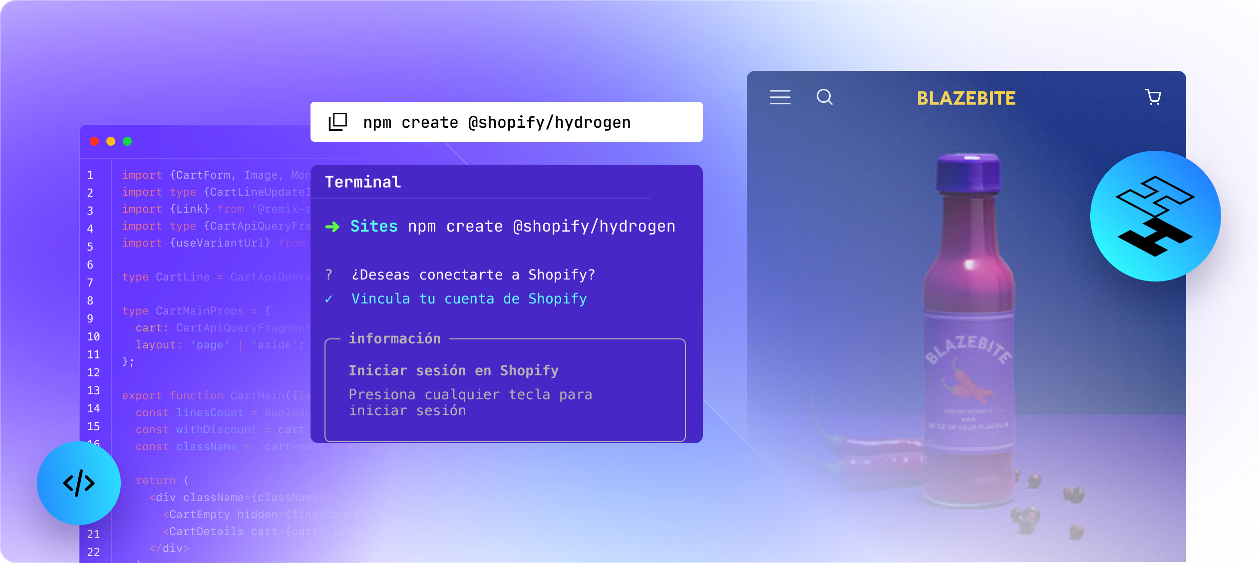 Tres pantallas: una muestra de código de Hydrogen, una interfaz de línea de comandos y un sitio web creado con Hydrogen