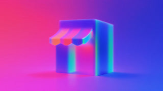 Glowing 3D storefront icon with an awning in neon gradients