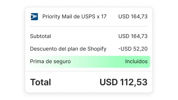 Una tarjeta de interfaz de usuario en la que se muestra el total de un pedido con descuento en un plan de Shopify y seguro prémium incluido