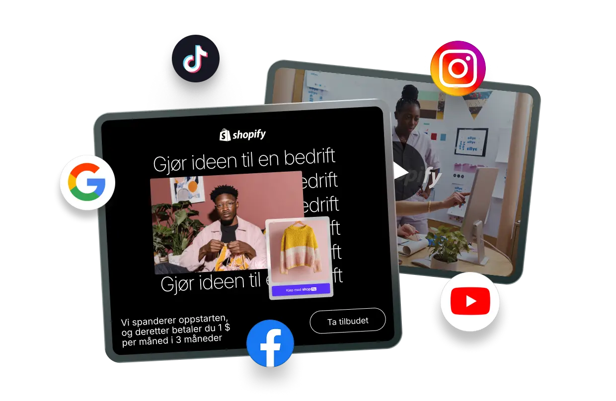 Eksempler på markedsføringsbannere og videoannonser for Shopify. Rundt annonsene er det ikoner for TikTok, Instagram, Google, Facebook og YouTube, noe som indikerer ferdige ressurser for annonsering på tvers av plattformer.