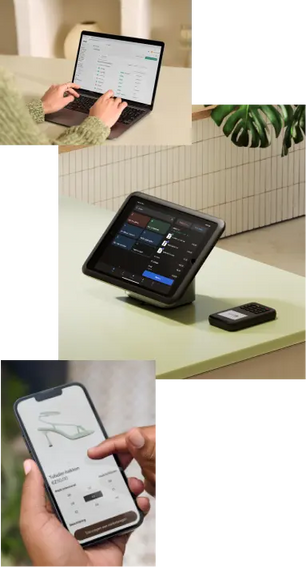 Collage van afbeeldingen. Eerste afbeelding: close-up van een verkoopmedewerker die op een laptop bezig is, gezien vanuit het perspectief van de medewerker. Op het scherm van de laptop is het Shopify-beheercentrum geopend, waarin de medewerker de pagina voor personeelsbeheer bekijkt. Tweede afbeelding: close-up van een tablet met Shopify POS-software die in een standaard op een verkoopbalie staat. Daarnaast ligt nog een POS-apparaat van Shopify, de POS Go. Derde afbeelding: close-up van een shopper die op een smartphone door een webshop bladert. Op het scherm is een pagina met de productgegevens van een paar sandalen met hoge hak geopend. Onderaan staat een prominente knop met de tekst: "Aan winkelwagen toevoegen".