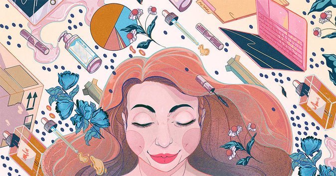 Illustration d'une femme cherchant à créer une marque de skincare, entourée de produits de beauté.