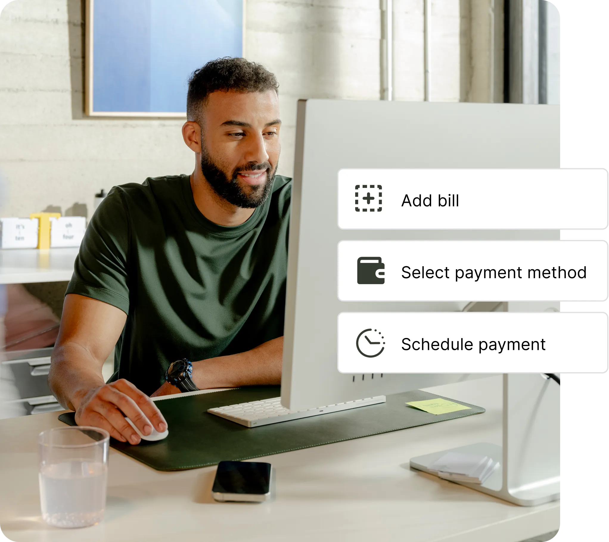 Merchant at desktop computer next to UI showing "add bill", "select payment method", and "schedule payment steps"