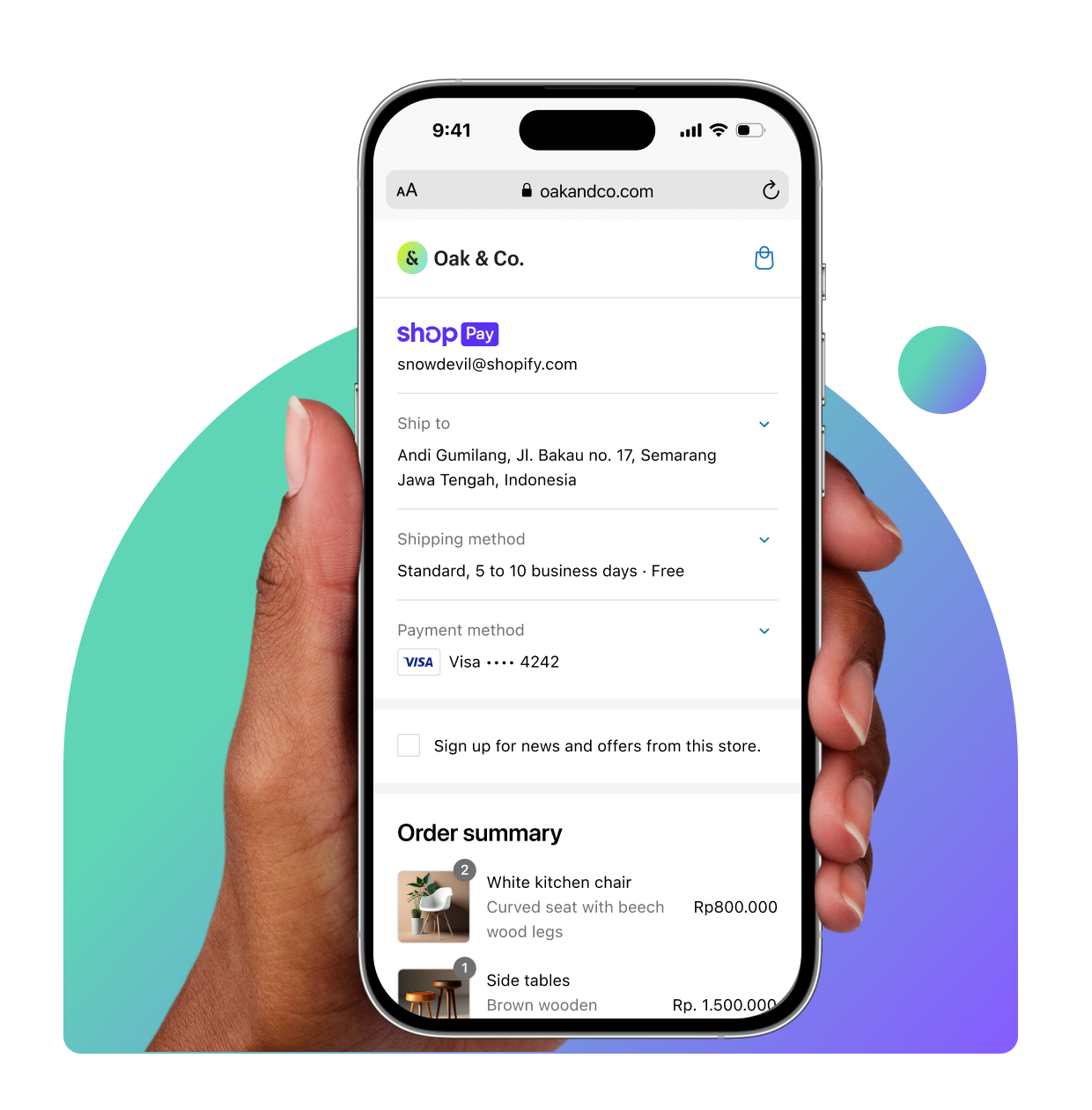 The desktop and mobile versions of the checkout screen. A white kitchen chair and brown side tables are being purchased. The screen includes shipping options, discount field, price totals, and a large "Pay now" button.