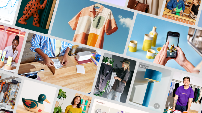 Colorful mosaic of merchant photos showing products and entrepreneurs, representing the diversity of Shopify businesses