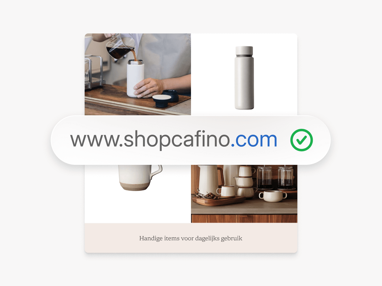 De .com-URL van een merk overlappend op een afbeelding van de bijbehorende webshop. Dit toont de directe verbinding van het domein met de website bij Shopify.