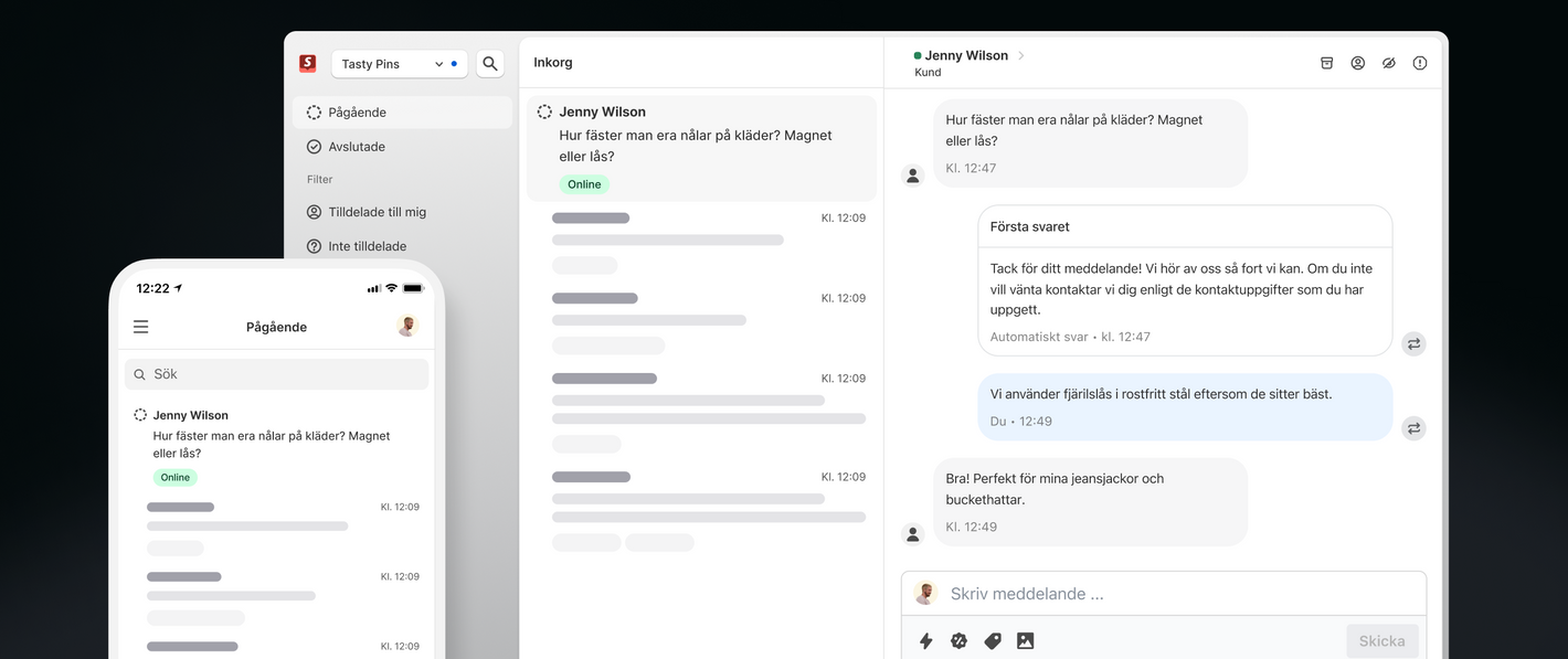 En mobilskärm och en datorskärm som visar Shopify Inbox med ett meddelande från kunden Jenny Wilson.