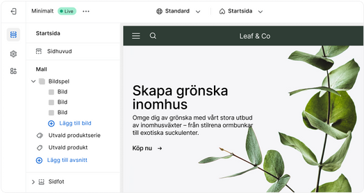 En landningssida för en webbplats som öppnas i ett användargränssnitt för webbshopsverktyg.