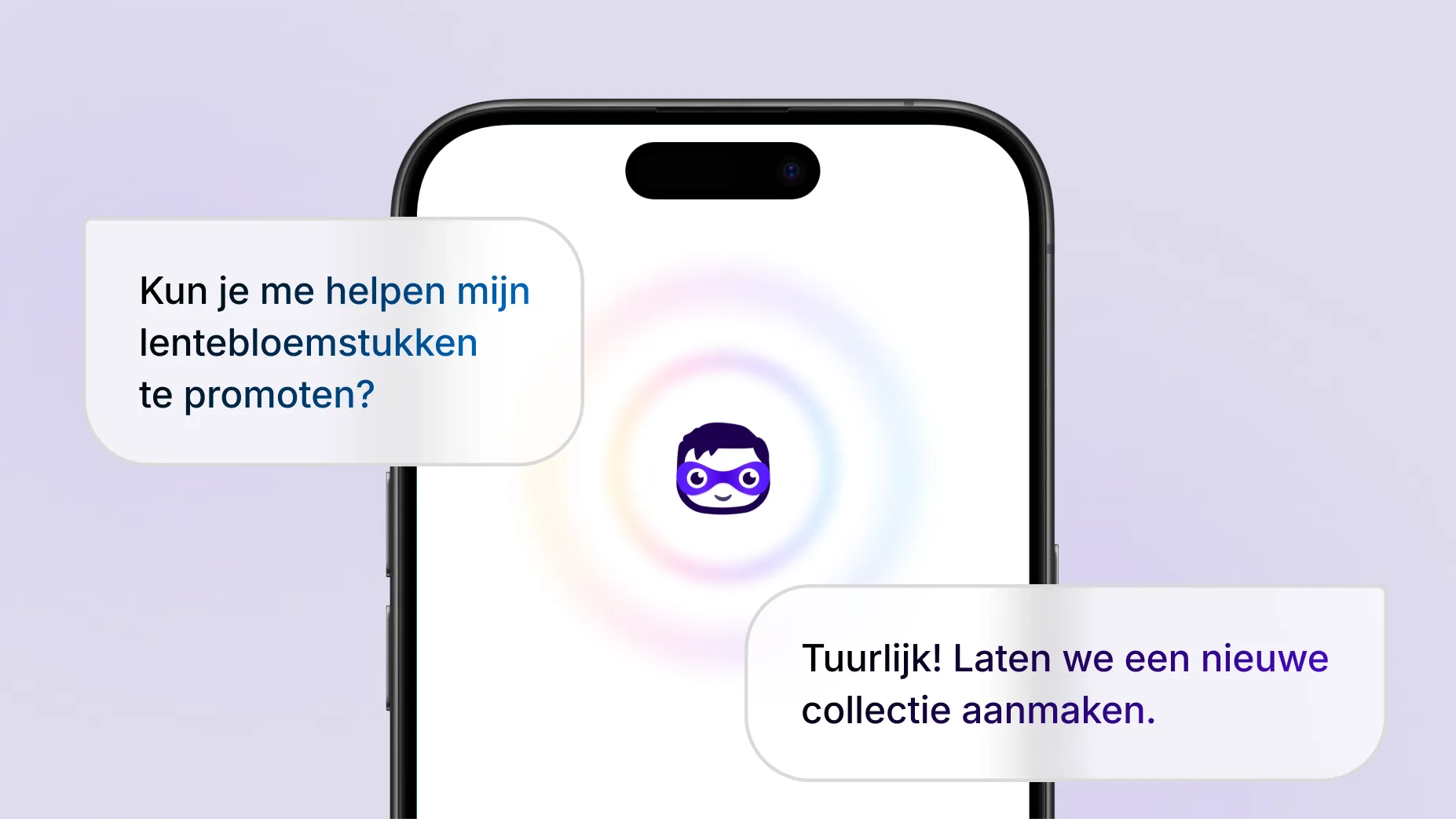 Animatie met de volgende tekst tussen aanhalingstekens: ‘Kun je helpen mijn lentebloemen te promoten?’. Op een telefoonscherm reageert Sidekick, de AI-assistent van Shopify, met het voorstel om een nieuwe collectie aan te maken. De tekst van de reactie wordt omringd door pulserende geluidsgolven, wat aangeeft dat het antwoord van Sidekick hoorbaar is. Vervolgens maakt Sidekick een productcollectie aan genaamd Lentebloemen met drie uitgelichte boeketten.