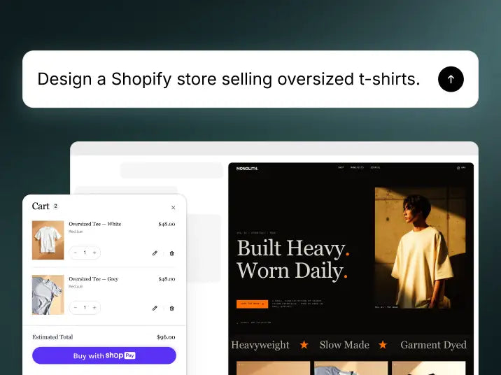 A non-branded AI app-building tool generating a Shopify storefront for an oversized t-shirt brand, with a Shop Pay checkout cart displayed alongside.