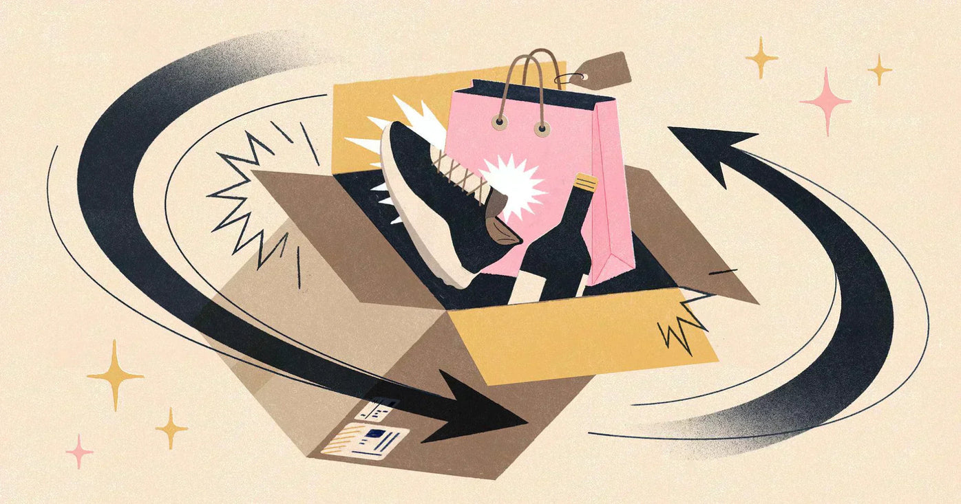 Ilustração de uma embalagem em movimento circular, demonstrando como os negócios de revenda estabelecem uma ligação entre novos clientes e produtos já existentes.