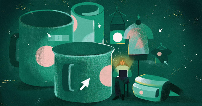  Ilustrație cu o persoană înconjurată de produse, reprezentând cele mai bune site-uri de tipărire la cerere pentru artiști.