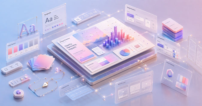 3D-Illustration verschiedener Design-Elemente- kombiniert mit Daten und Diagrammen in lila-blauen Farben auf grauem Untergrund