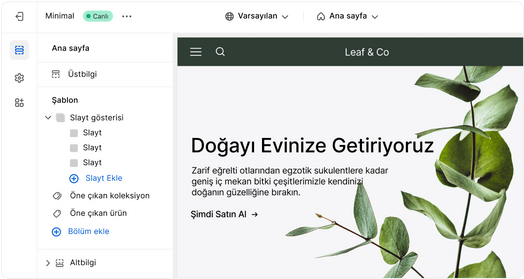 Bir mağaza oluşturucunun kullanıcı arayüzünde açılmış web sitesi açılış sayfası.