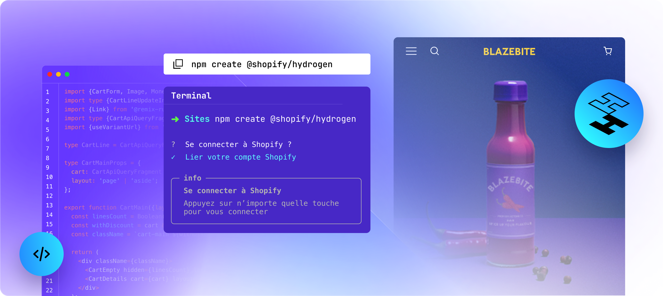 3 pages : un échantillon de code Hydrogen, une interface de commande et un site web créé sur Hydrogen