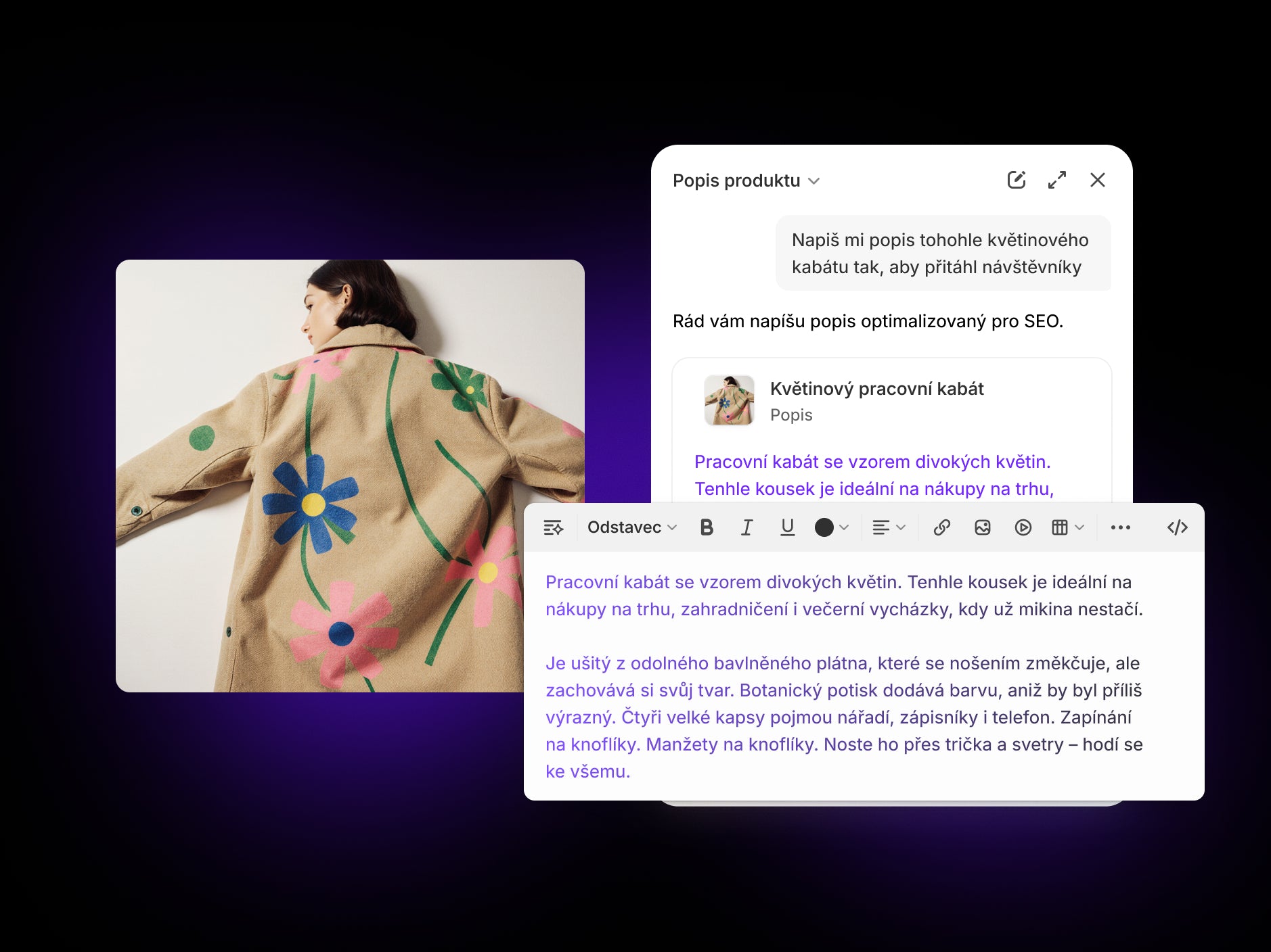 Textař nástroje Sidekick vytváří popis produktu pro květinový kabát Market Coat na základě požadavku uživatele