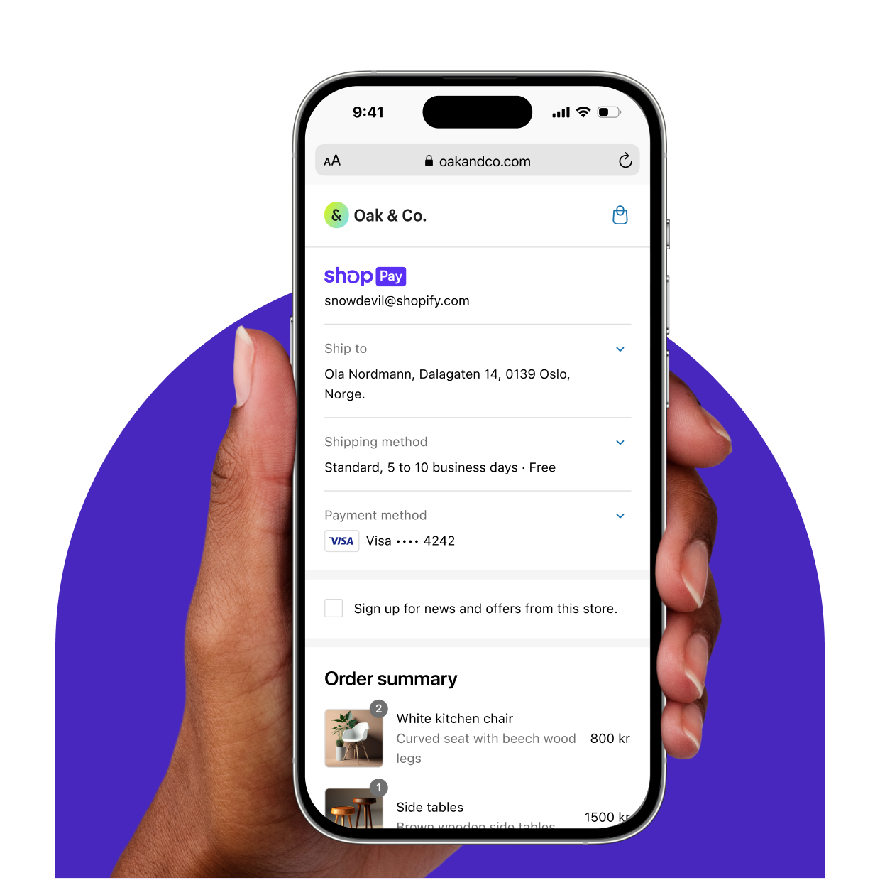 The desktop and mobile versions of the checkout screen. A white kitchen chair and brown side tables are being purchased. The screen includes shipping options, discount field, price totals, and a large "Pay now" button.