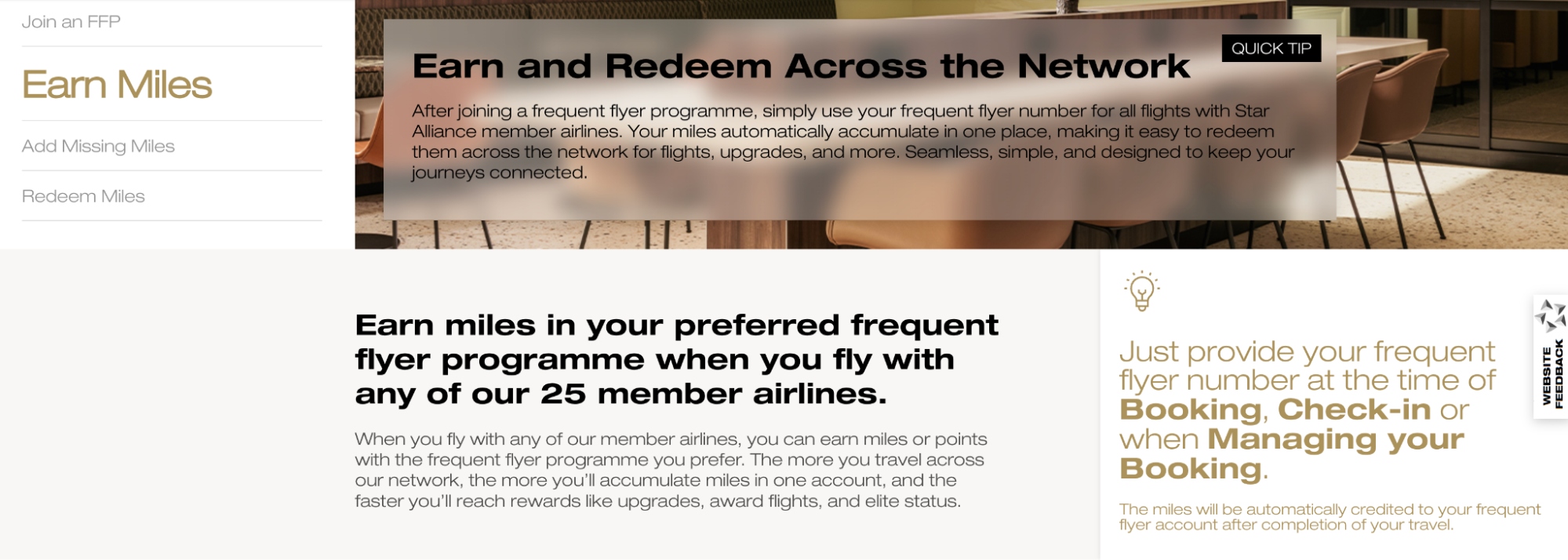 Star Alliance page showing how travelers earn and redeem miles across airlines using one account.